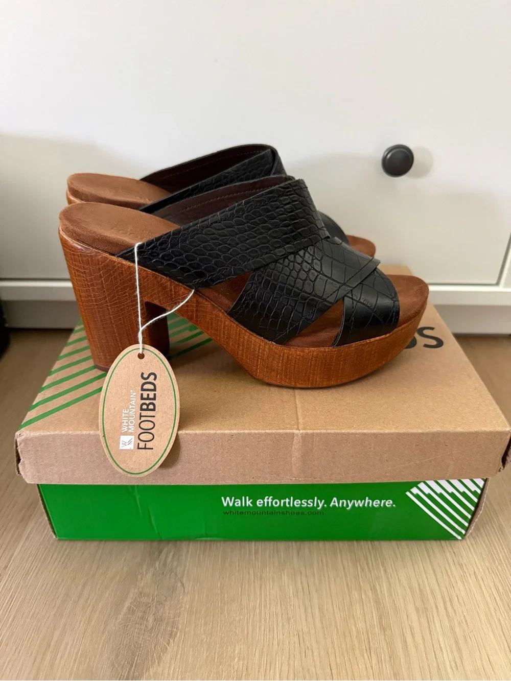 White Mountain Black Croc-Texture Platform Mules NWT